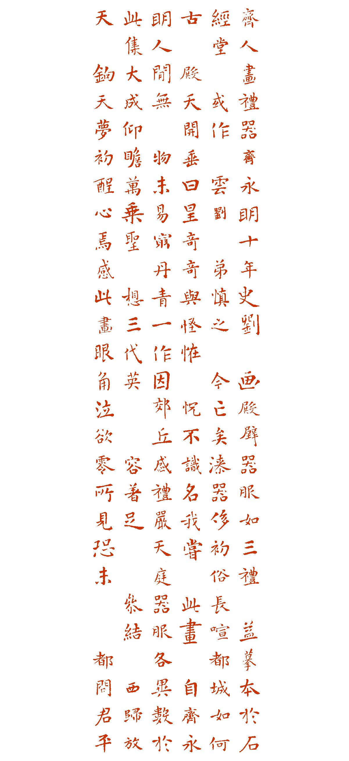 齐人画礼器齐永明十年,史刘惔画殿壁器服如三礼圗,益摹本于石经堂。惔或作悛,云刘悛弟慎之茟,今亡矣。漆器侈初俗,长䄂喧都城